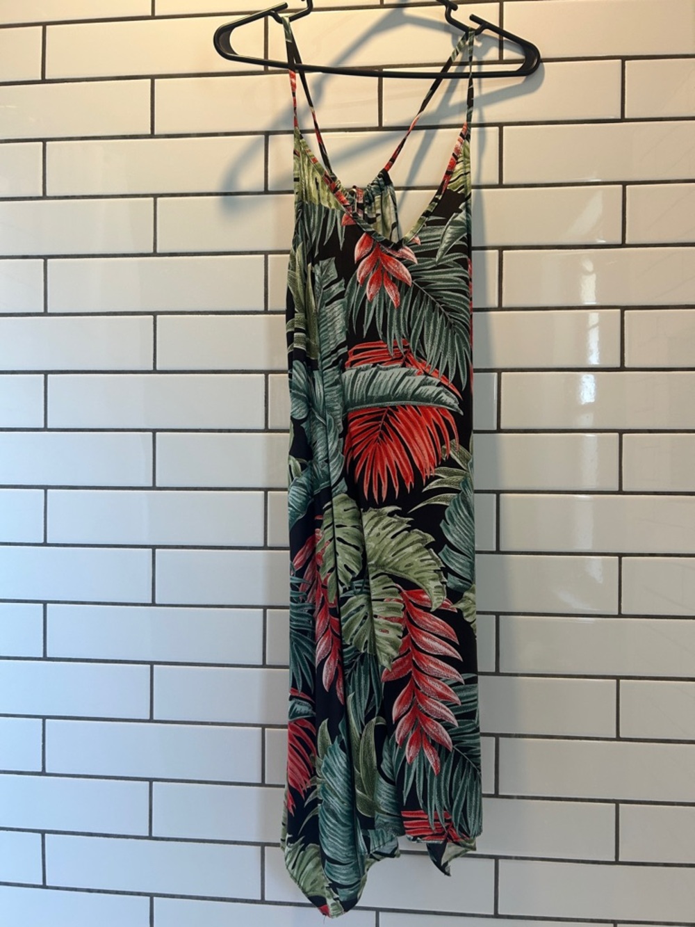 Tropical Leaf Print Slip Dress - Black with Red & Green